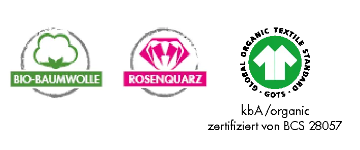 Icon für Bio-Baumwolle, grüne Baumwollknospe, Icon für Rosenquarz, pinker Edelstein, Icon GOTs Zertifizierung, T-Shirt grün auf weiß