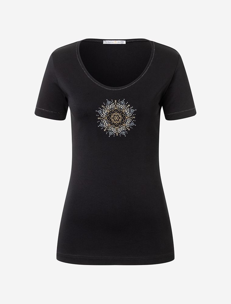 schwarzes Flower of Harmony T-Shirt für Damen von Spirit of OM. Aus 100%-iger Bio-Baumwolle mit mikrofeinem Turmalin Edelstein