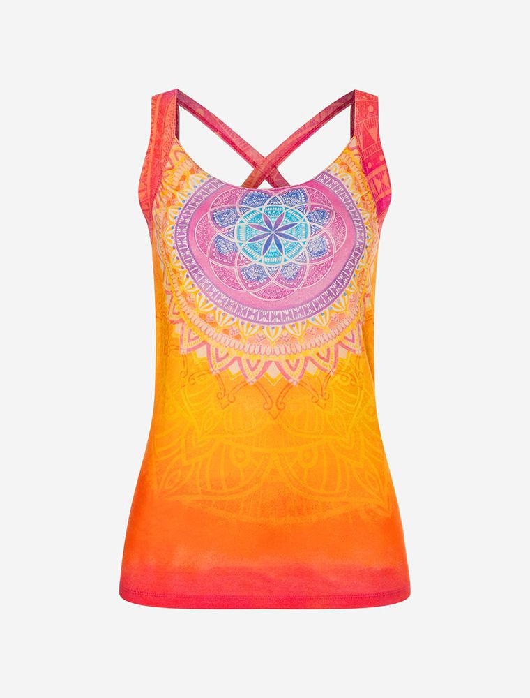 Buntes Yogatop von The Spirit of OM  mit einem Mandala. Farbe Lila, gelb orange, pink. 