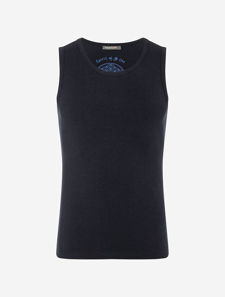 Tanktop in dunkelblau von The Spirit of OM. Ideal für sportliche Aktivitäten, aus Bambusviskose. Angenehmer Griff und lange Zeit frische Kleidung aus einzigartigem Material.