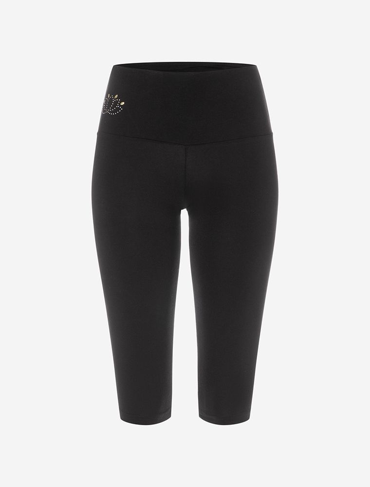 schwarze Yoga Leggings Capri mit Lotus Muster auf der Hüfte