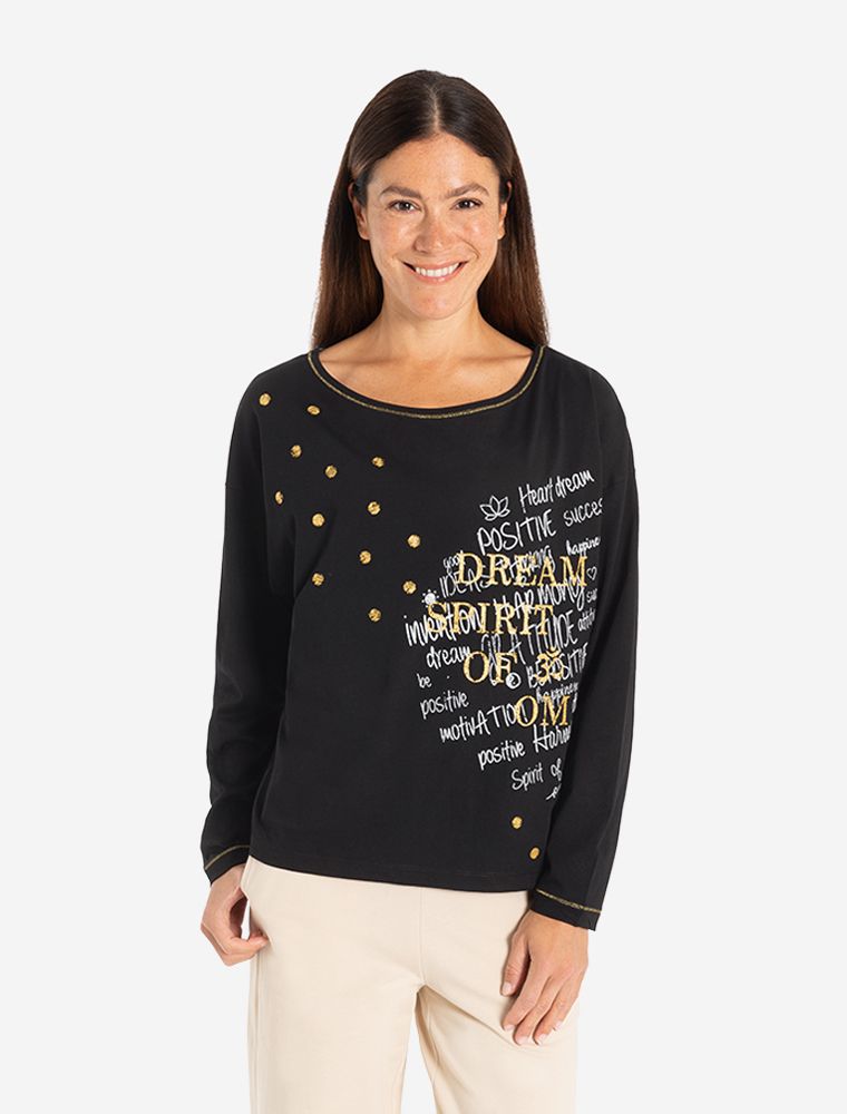 Langarm Shirt in schwarz mit goldenen Akzenten und positiver Affirmation