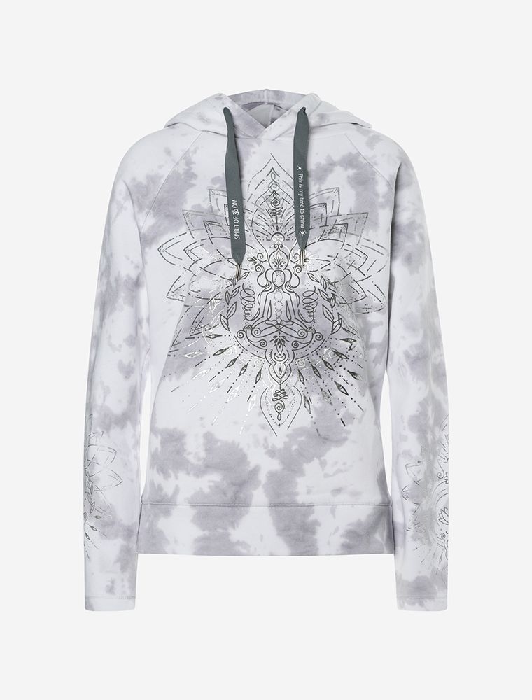Moderner Hoodie im Batikstil in silbergrau mit grafischem Buddha Print. Klassisch elegant in monochromer Farbstellung. 