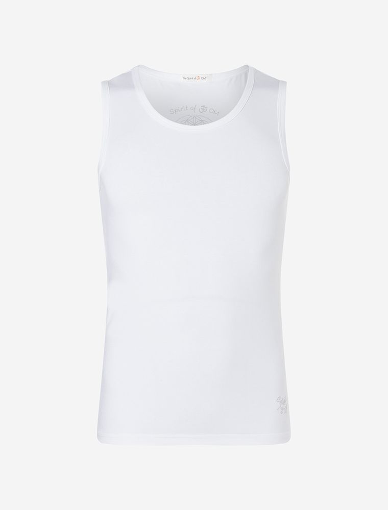 Tanktop in weiß von The Spirit of OM. Ideal für sportliche Aktivitäten, aus Bambusviskose. Angenehmer Griff und lange Zeit frische Kleidung aus einzigartigem Material.