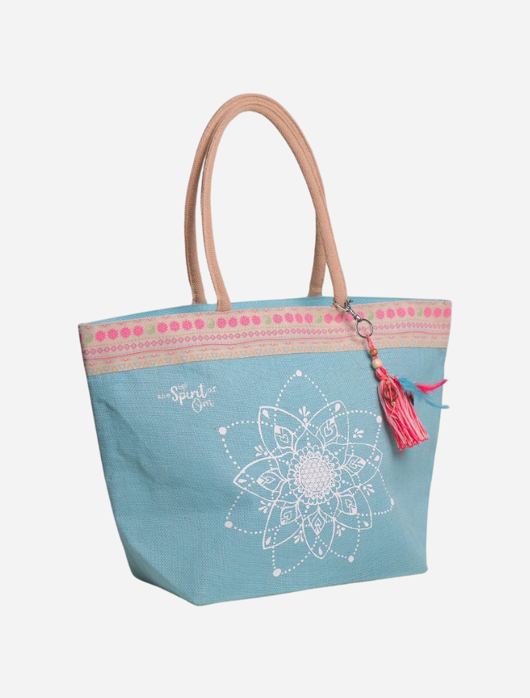Hellblaue Jutetasche mit Reißverschluss und Mandala Muster von Spirit of OM