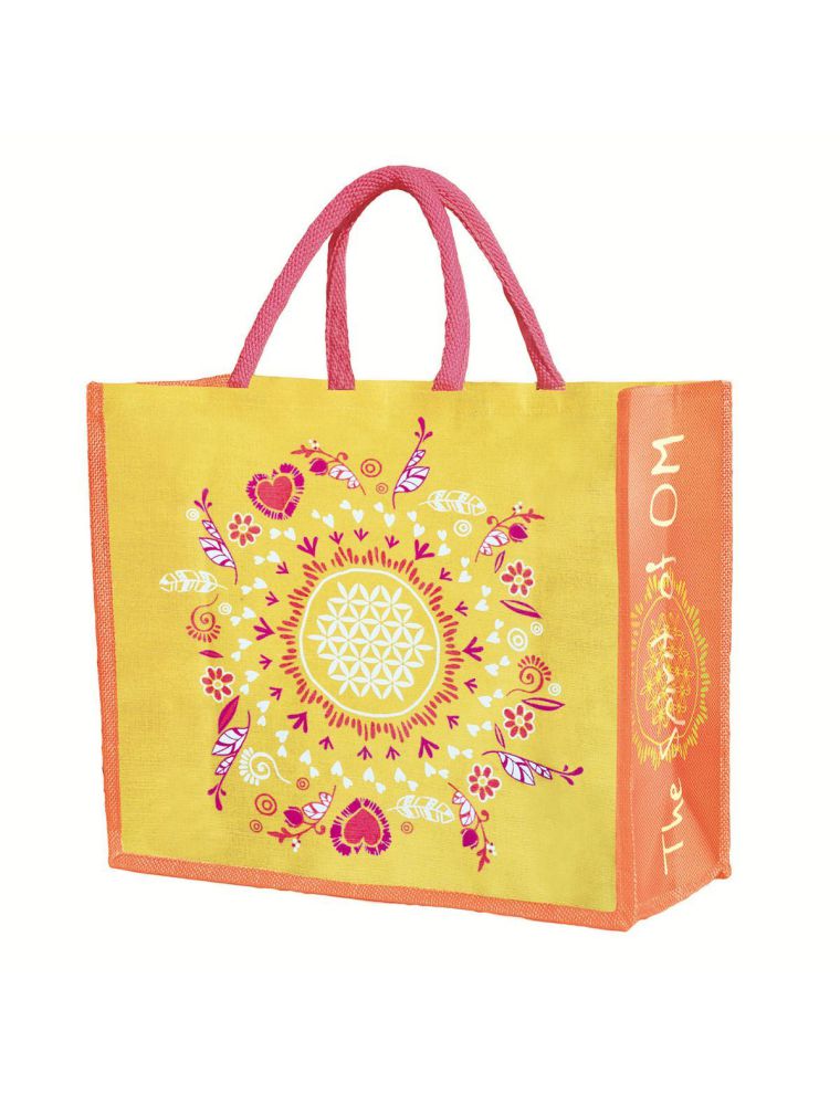 Jutetasche von The Spirit of OM in gelb mit Blume des Lebens