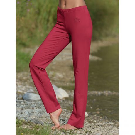 Exterior: Women's wellness pants from The Spirit of OM. Fair and sustainably made from organic cotton. Embroidery on the hip.  Elastic waistband. Sports pants, yoga pants, jogging pants. Rose red, red, dark red. 