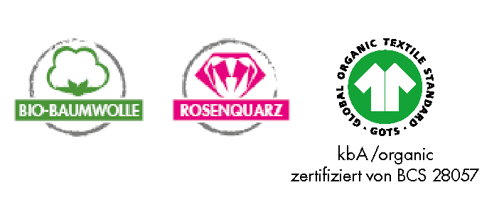 Icon fr Bio-Baumwolle, grne Baumwollknospe, Icon fr Rosenquarz, pinker Edelstein, Icon GOTs Zertifizierung, T-Shirt grn auf wei