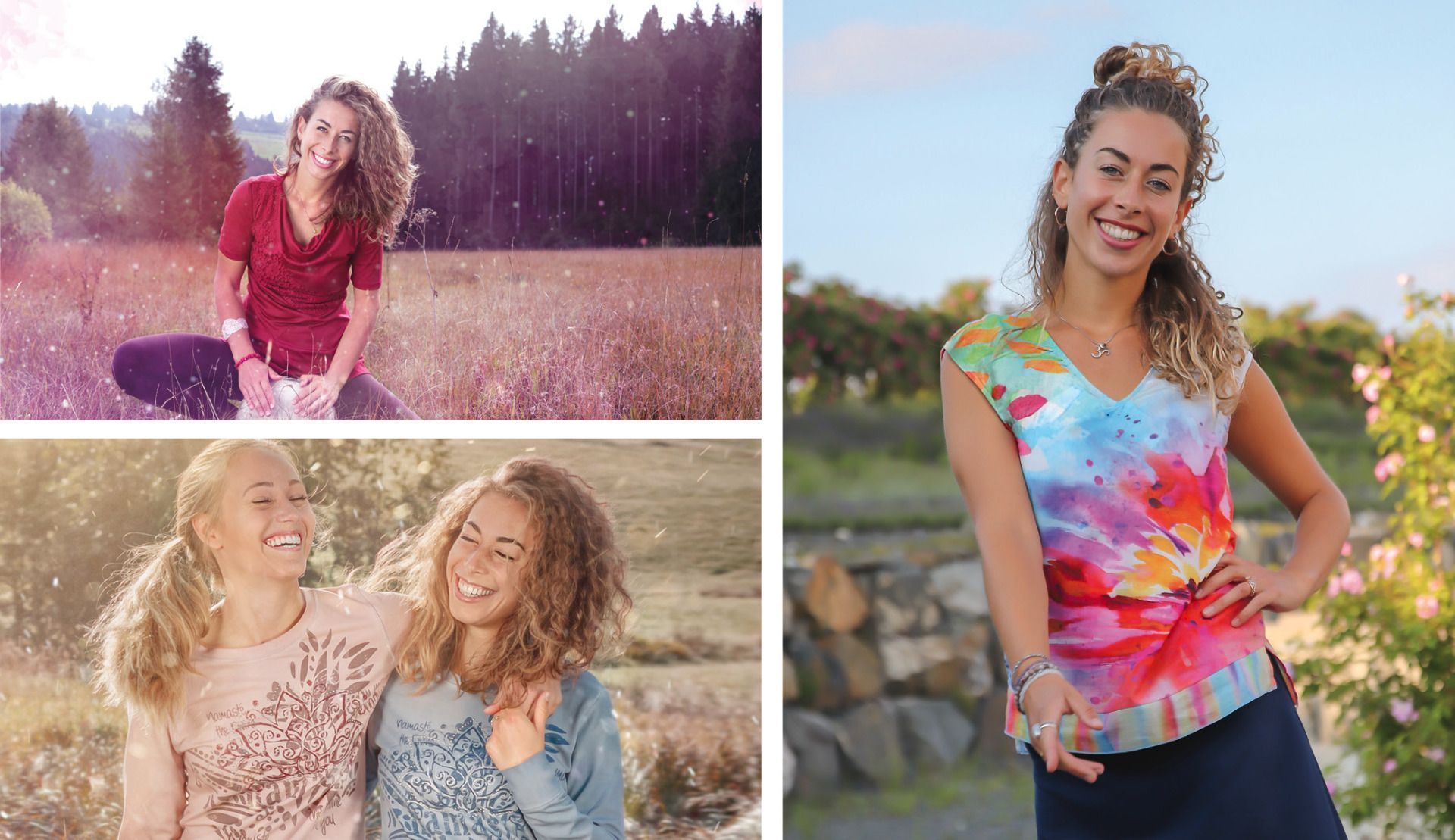 Bio-Tunika mit Spitze in Rosenrot, kurzarm. Sweatys Namaste in rosenholz und jeansblau. Bluse Happyness.